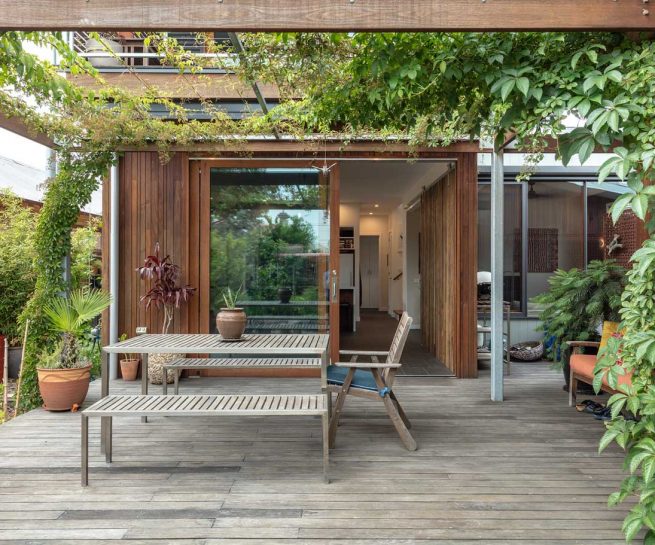 backyard with pergola and wooden details