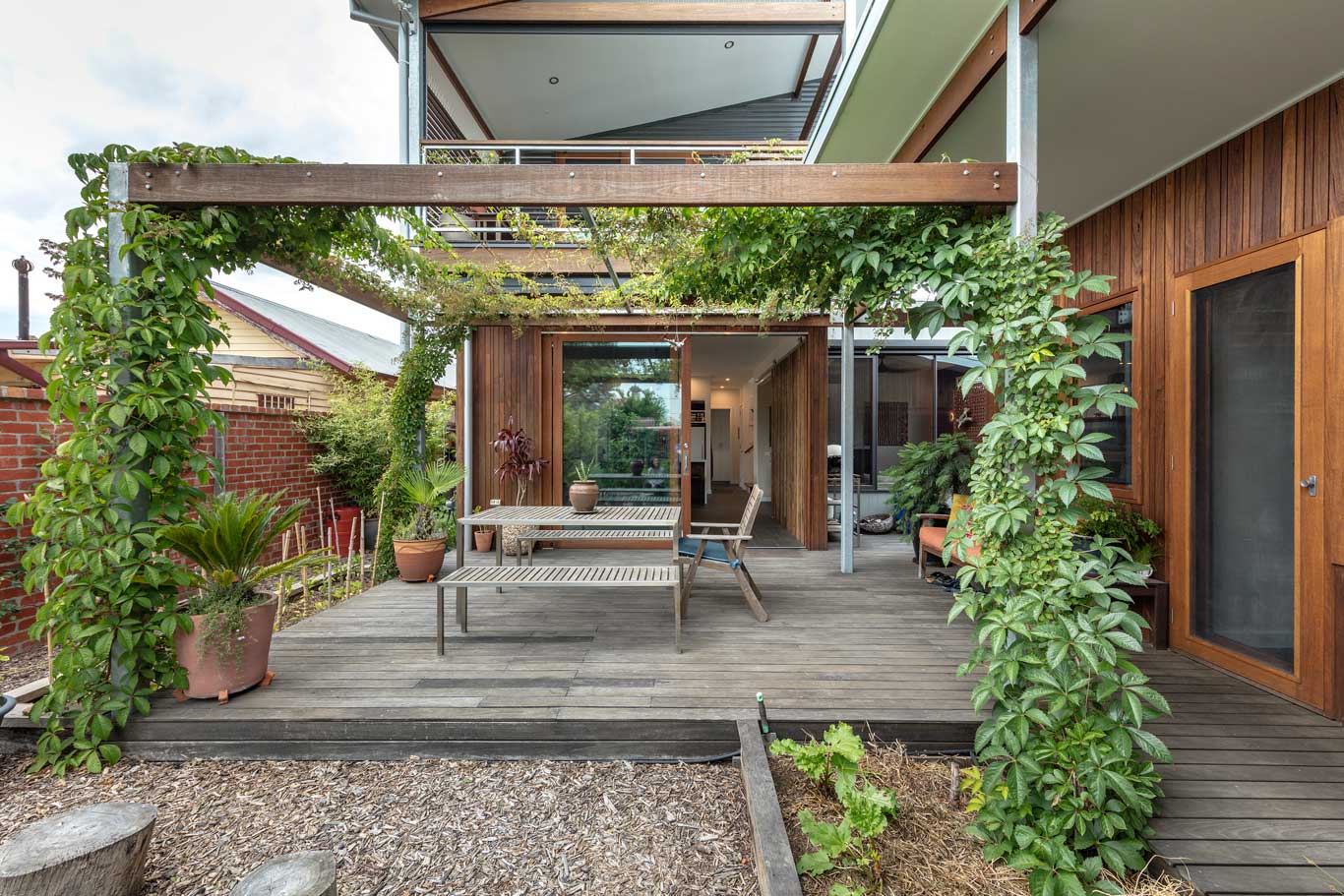 backyard with pergola and wooden details