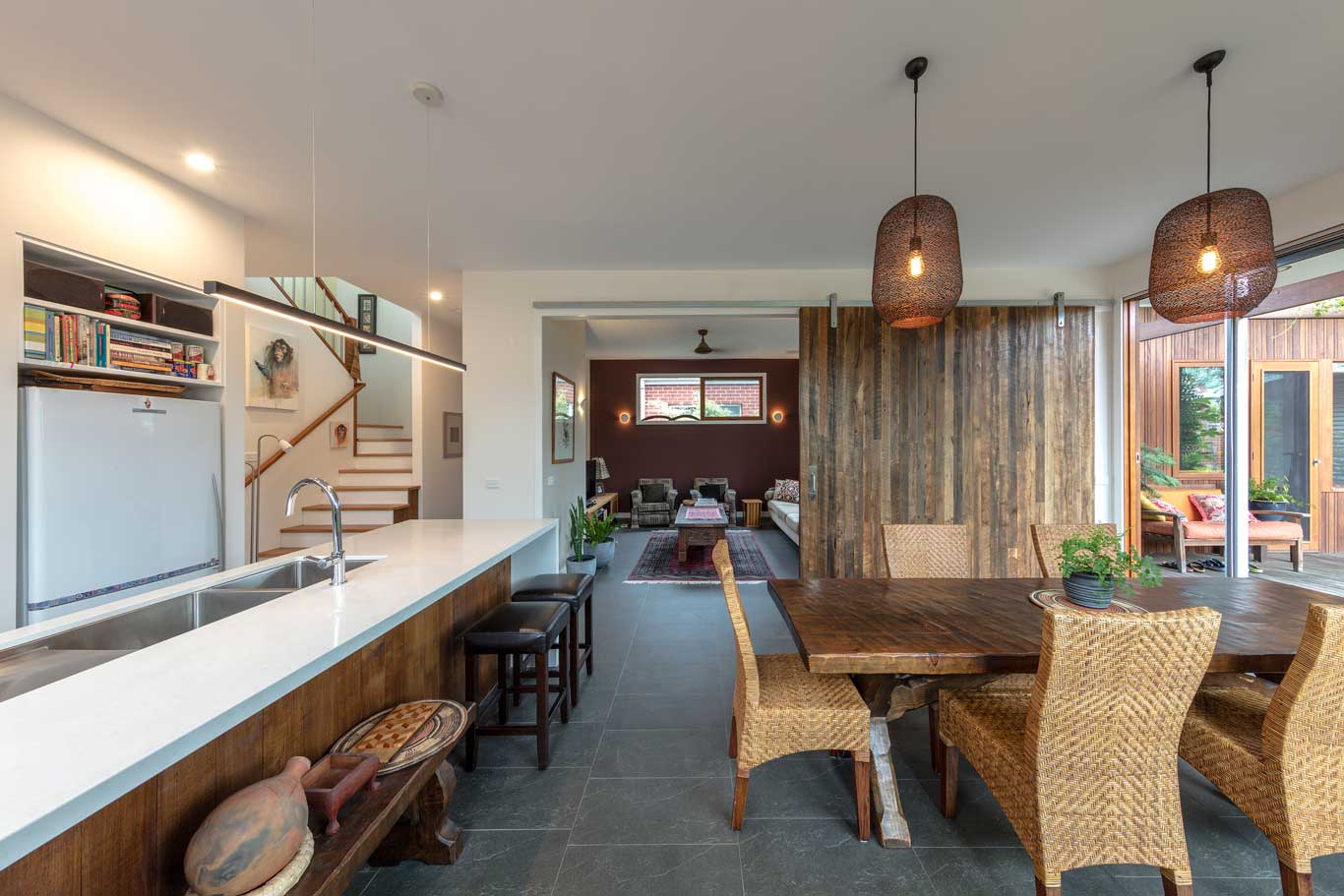 kitchen and dining room with slide-able door opened